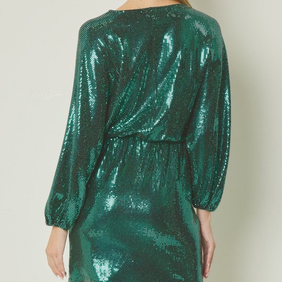 NWT Entro Shiny Green Metallic Long Sleeve Mini Dress - Picture 6 of 8